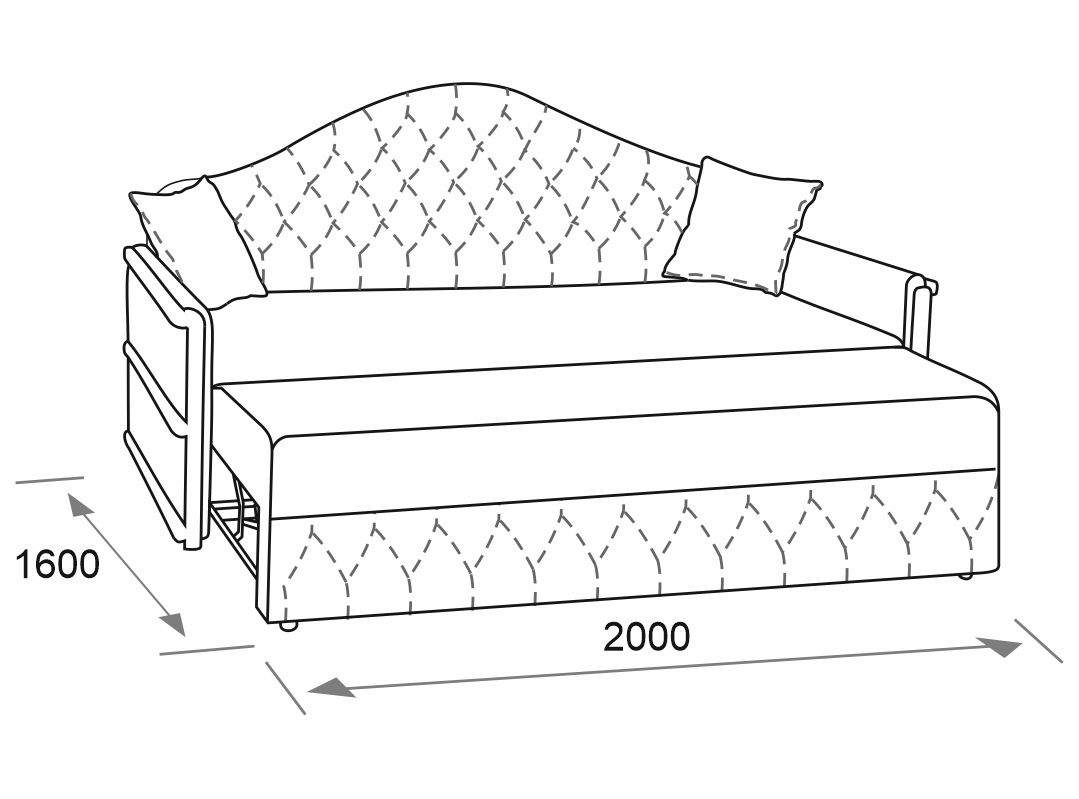 Ліжко Панама Люкс в розкладеному стані, схема з розмірами
